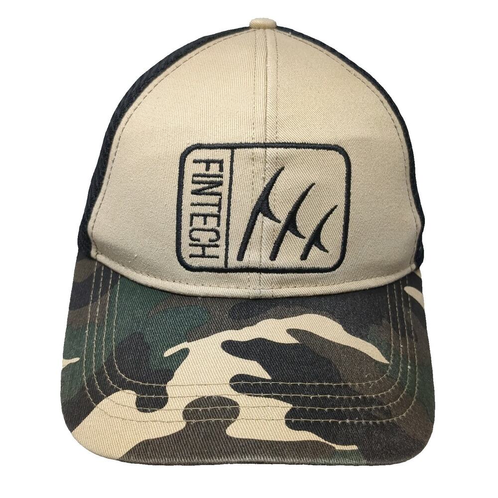 Fintech Trucker Hat Beige Camo One Size Mesh Back Snapback Graphic Patch